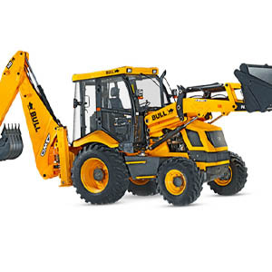 Backhoe loader with a front loading bucket and a rear excavator arm, shown against a plain background