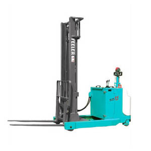 Teal Feeler electric pallet stacker with a tall mast and a stand-behind operator position