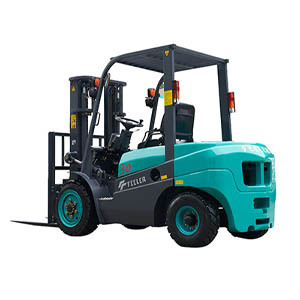Teal Feeler counterbalance forklift with a two-stage mast and overhead guard, shown against a plain background