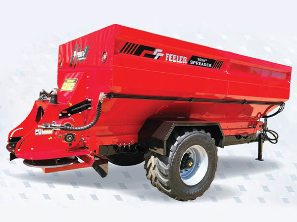 Red Feeler 10 cubic metre trailed fertilizer spreader with a single axle and rear discharge