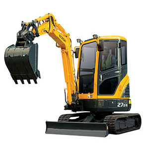 Compact tracked mini excavator with the boom raised and a digging bucket fitted, shown against a plain background
