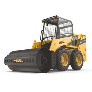 Skid steer loader fitted with a front drum roller attachment, shown against a plain background