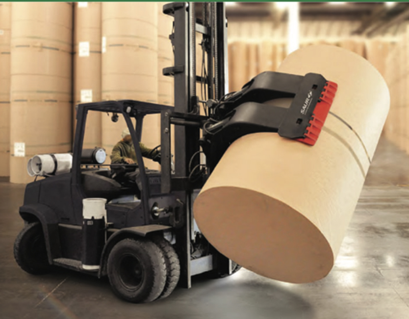 LPG counterbalance forklift fitted with a Saur paper roll clamp carrying a large paper reel in a roll store