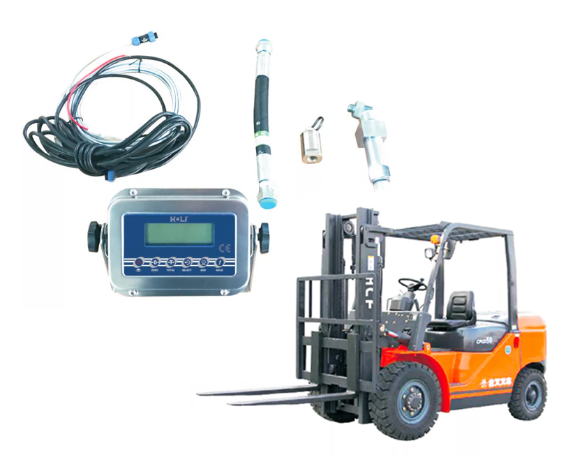 Forklift weighing system kit — in-cab display, wiring harness, hydraulic pressure sensor and hose — shown beside a counterbalance forklift